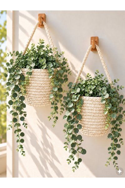 ÖRGÜM Sepet Mini Dekoratif Çiçeklik 2'li Organizer 12x10 Cm( Bitkiler Ve Ahşa...