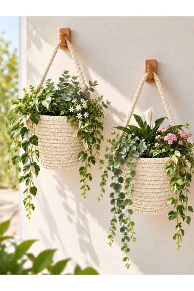 ÖRGÜM Coș Mini Decorativ, Set de 2 ghivece pentru flori (Plantele și umerașel...