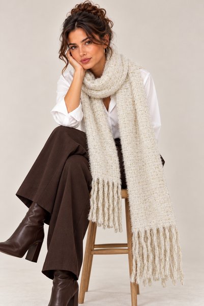 Axesoire 15405 Ekru Simli Buklet Şal Atkı