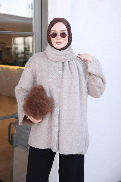 İmajButik Vizon Atkılı Detaylı Düğmeli Angora Ceket