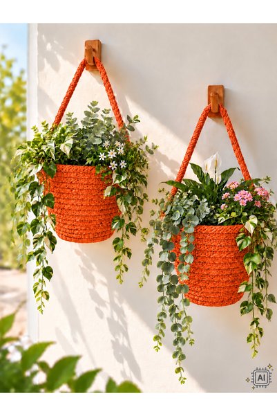 ÖRGÜM Sepet Dekoratif Mini Saksılık 2'Li Duvar Dekorasyonu 10x11 cm BİTKİLER ...