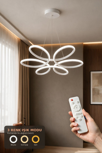 Elektroyou Nipul Beyaz Sarkıt Modern Kumandalı 3 Renk Ledli Avize