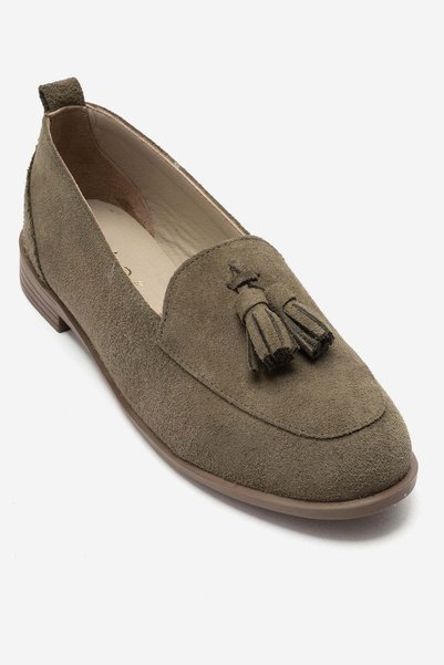 AYLİN DOLAY Kadın Hakiki Deri Haki Süet Deri Püsküllü Babet Klasik Loafer Aya...