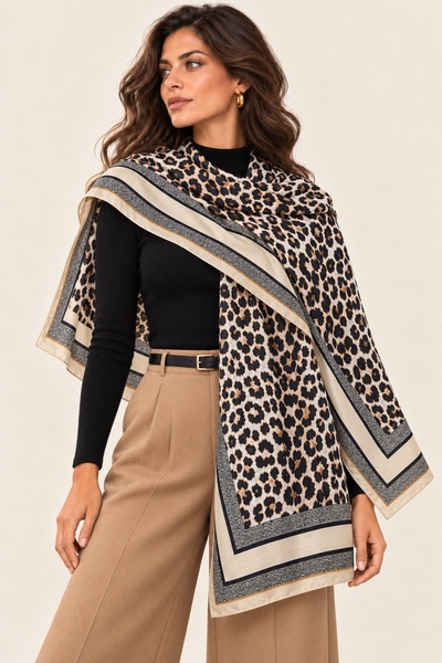 Axesoire 15392 Bej Leopar Desenli Şal 90x180 cm