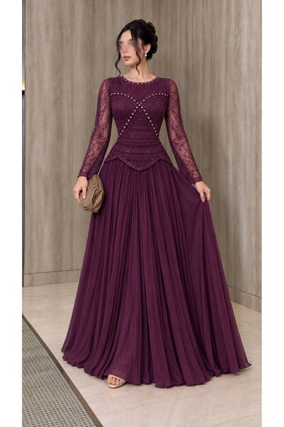 Olivia Style Women's Beige Long-Sleeved Evening Gown with Beaded Embroidery o...