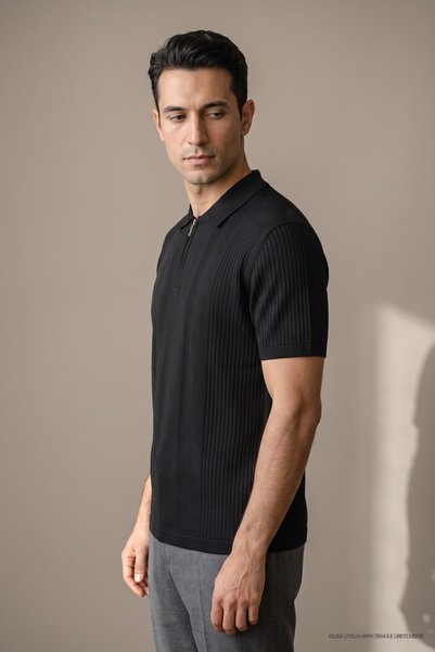 Maccali Tricou negru cu guler polo, cu dungi, pentru bărbați