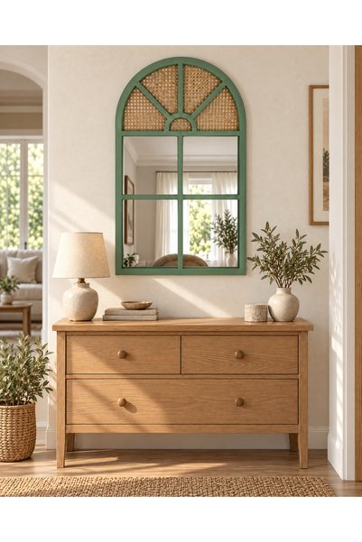 Phellos French Green Mirror - Pencere Rattan Ayna - Dekoratif Boho Ayna