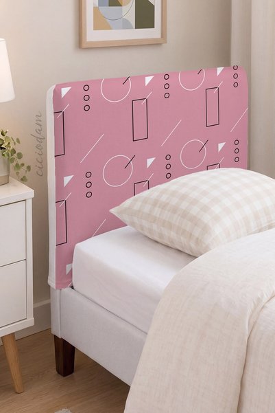 CİCİ ODAM Baza Başlık Kılıfı Genç Odası Toz Pembe Zemin Geometrik Desenler