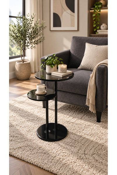 Generic Modern Side Serving Table with 2 Glass and Marble Tops and Marble Bas...