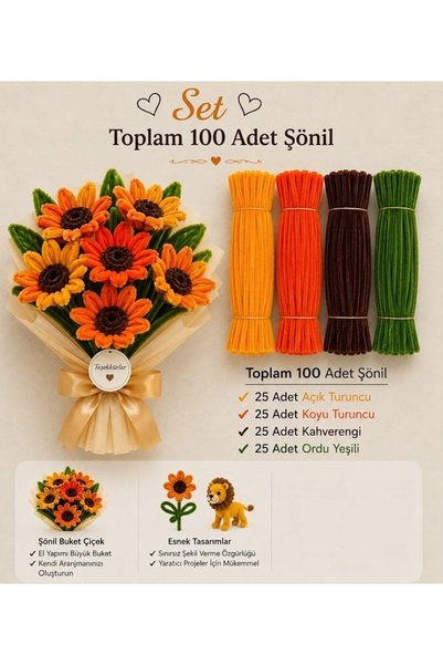 hyc heryerçiçeklenir Şönil Çiçek Yapım Seti 100 Adet (A.Turuncu,K.Turuncu,Kah...
