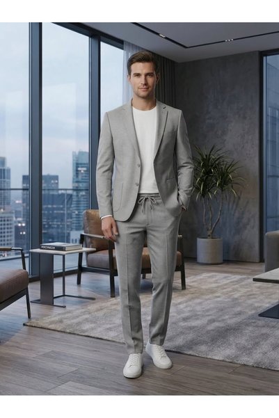 BİSSET Erkek Slim Fit Açık Gri Beli Bağcıklı Takım Elbise - Mezuniyet Balo Dü...