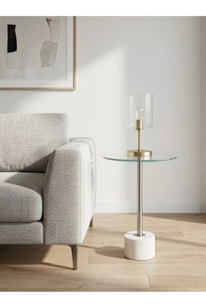 IN HOME STORE طاولة جانبية مودرن بسطح زجاجي وقاعدة رخامية أنيقة