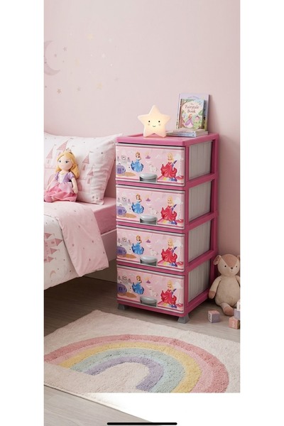 LeesHome Büyük Boy Pembe 4 Çekmeceli Plastik Komodin Desenli Çocuk Oyuncak Do...