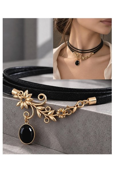 LADYMİRAGE Genuine Leather Vintage Steel Choker Necklace
