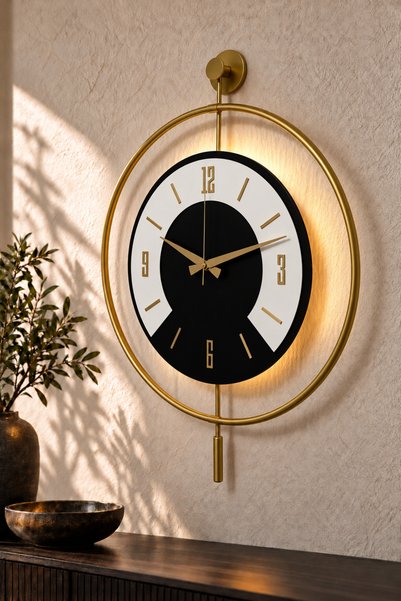 Pey Aksesuar 50x70 cm Metal Ahşap Ve Işığın Muhteşem Uyumu Duvar Saati dekoratif
