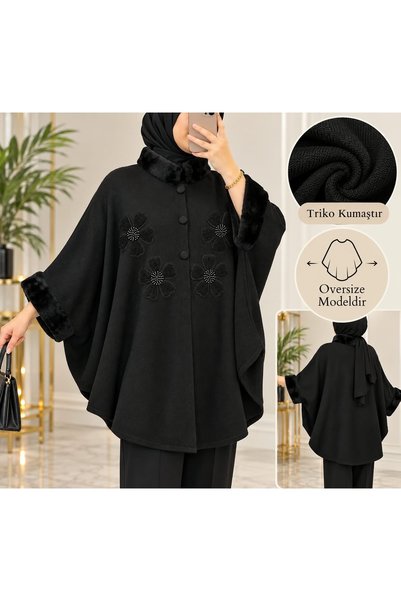 Genel Markalar NOVEA SCARF ÇİÇEK İŞLEMELİ KÜRKLÜ TRİKO PANÇO