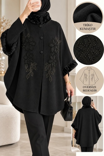 NOVEA SCARF ŞIK PAPATYA-YAPRAK İŞLEMELİ KÜRKLÜ TRİKO PANÇO