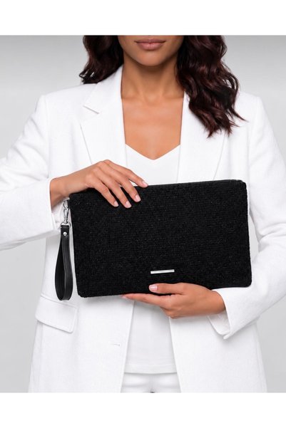 lalettobags Kadın Siyah Tüvit Kumaş Tablet Boy Clutch Çanta