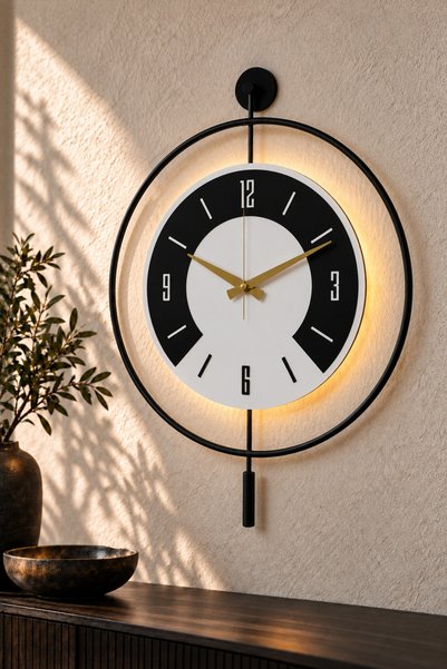 Pey Aksesuar 50x70 cm Metal Ahşap Ve Işığın Muhteşem Uyumu Duvar Saati dekoratif