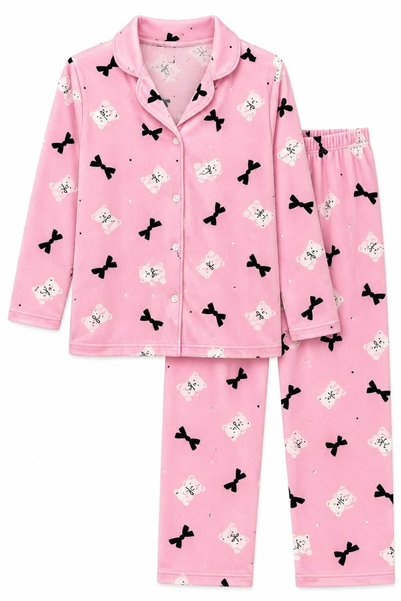 pijamino Girl Cotton Pink Color Long Sleeve Buttoned Pajama Set