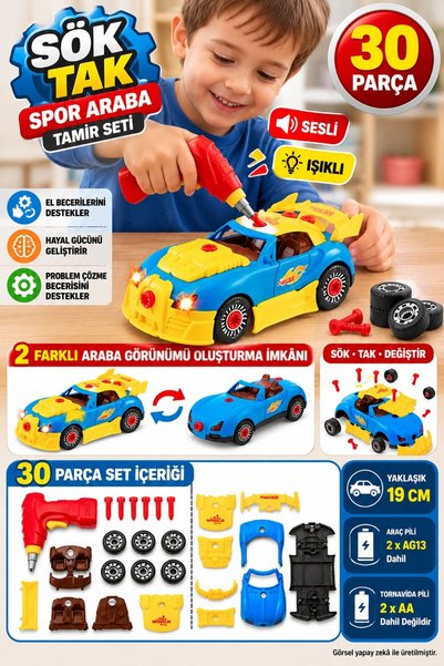 TOYFEST Sök Tak Spor Araba Tamir Seti 30 Parça Işıklı Sesli Pilli Tornavidalı...