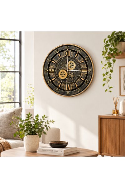 Tesbihhome 60 cm Hareketli Çarklı, Lyon Antik, Metal Kasa, Önü Camlı Duvar Saati