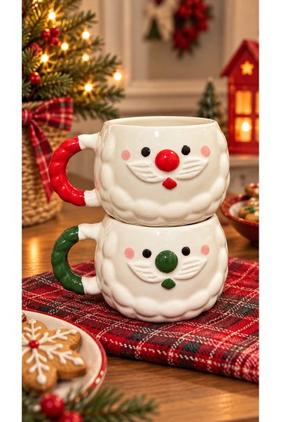 Kotium Ceramics 2 ' Lİ NOEL BABA KUPA Yılbaşı Özel Kabartmalı Özel Dokulu Tam...