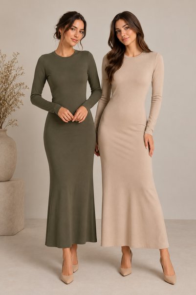 mirach 2’li Süper Ekonomik Paket Tek Parça Boydan Uzun Elbise Uzun Kollu Esne...