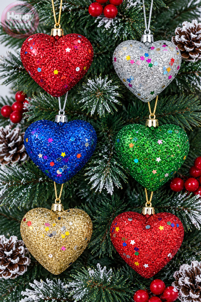 Happyland Christmas Tree Ornament 6-Piece Heart Ornament Glittered Pine Tree ...