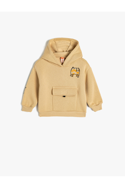 Koton Hooded Sweatshirt with Dog Print and Pockets, Cotton Embroidered