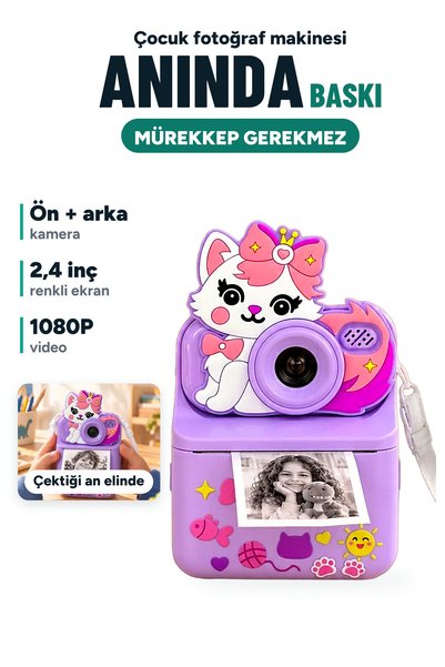 BİGABE Kedi Figürlü Anında Baskılı Çocuk Fotoğraf Makinesi Çift Kameralı Renk...