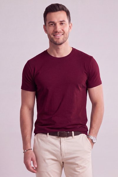 Betimoda Erkek Slim Fit Dar Kesim Bisiklet Yaka Kısa Kol Pamuklu Tişört Bordo