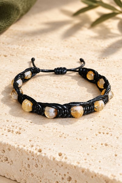 Kadimdoğal Citrine 8 mm Leather Thread Certified Natural Stone Macrame Braide...