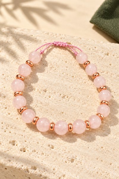 Kadimdoğal Certified Natural Stone Pink Quartz & Hematite Macrame Braid Bracelet