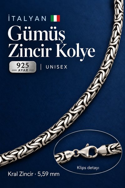 Two Arts 925 Ayar Gümüş İtalyan Kral Bizans Zincir Kolye 5,59 mm Unisex 65 cm