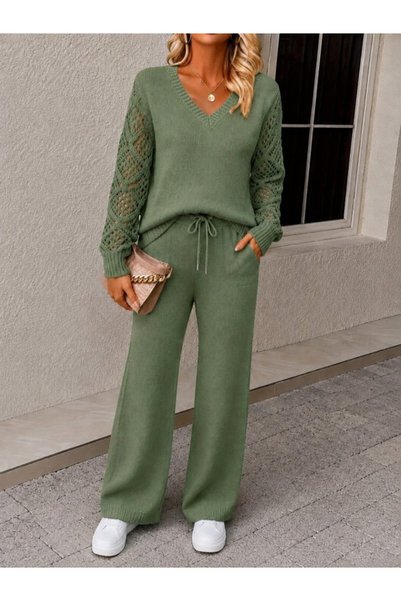 Genel Markalar Kadın Uzun Kollu V Yakalı Triko Bluz Ve Pantolon Ikili Takım