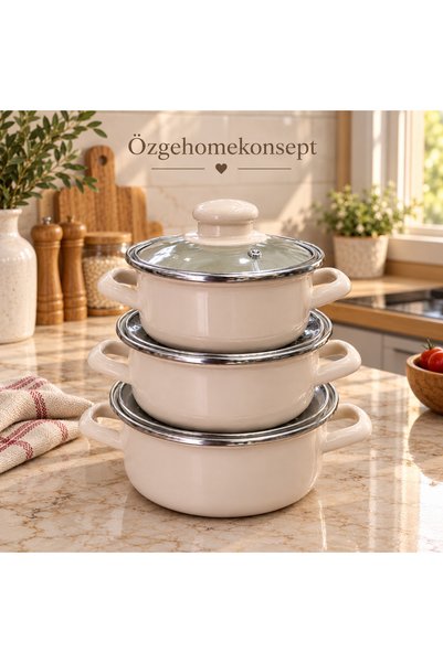 ALEV EMAYE Enamel 3-Piece Mini Pot Set – 12 / 14 / 16 cm – with Handles – Gla...