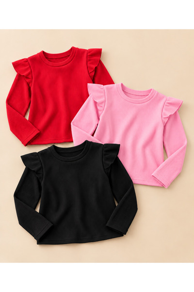 özge başaran Girl's 3-Piece Long Sleeve Ribbed Bodysuit Set - Pink, Black, Re...