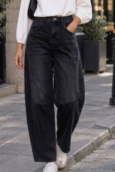 Nana & Mayka Moda Women's Black Frayed Hem Washed 100% Cotton Balloon Denim T...