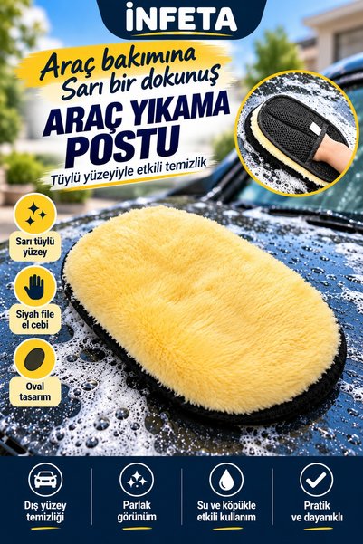 İnfeta Yellow Car Wash Gloves with Pockets, Fleece-Lined Oval Car Cleaning an...