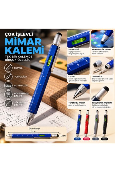 Store Cetvelli Tornavidali Su Terazili İlginç Dokunmatik Mimar-Mühendis Kalemi