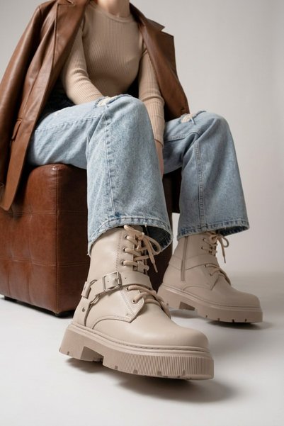 Zerenyus ZRİN-3038 Premium Beige Buckled Waterproof Zipper Women's Boots