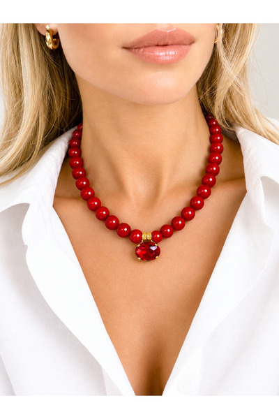 Atelier Cocosh Mercan Renkli Havlit Taşı Ve Safir Kristal Taşlı Tasarım Kolye