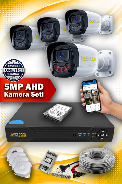 Elitcam 4 Kameralı Gülenyüz 4 Dış Kamera Set 250 GB 5 MP 2K Net Gece Görüşlü ...