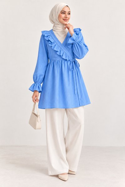 WeShaya Blue Tunic with Ruffle Detail and Tie-Detail, Ruched