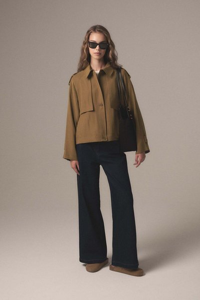 Nihan Pile Fermuar Detaylı Crop Ceket - Olive