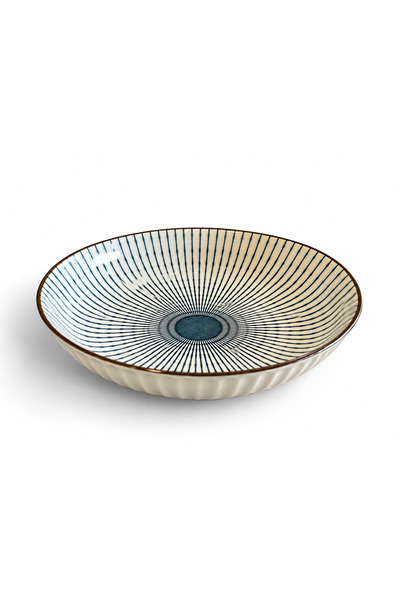 fara marca Farfurie ceramică adâncă cu model radial – Alb/Albastru, formă rot...