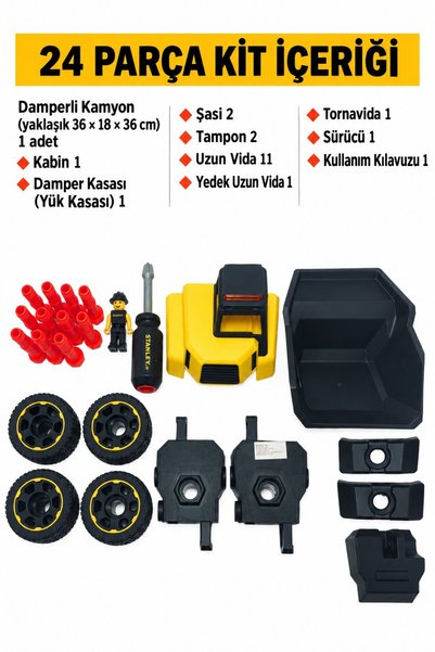 TOYFEST Tak Çıkar Damperli Kamyon 24 Parça Tornavidalı Figürlü Stanley Jr. XL 19 cm