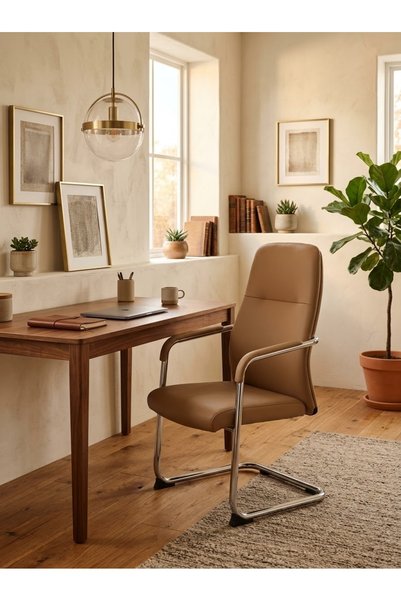 IN HOME STORE كرسي مكتب انتظار بتصميم عصري وقاعدة معدنية ثابتة - لون بني