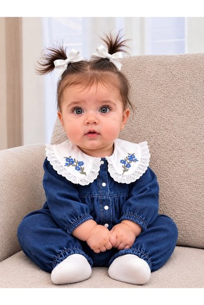 Jammybaby Jena Jean Premium Vintage Yaka Nakışlı Dantelli Kız Bebek Kot Tulum
